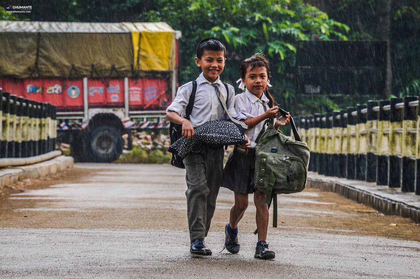 Kids running in rain after school!
